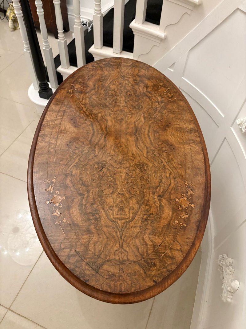 Antique Victorian Quality Burr Walnut Inlaid Oval Lamp Table - Image 3